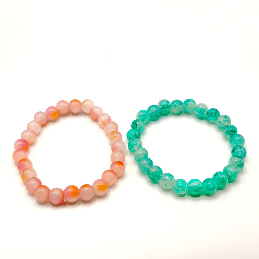 Agate Beaded Stretch Bracelet Set Women OS Pink Green Round Stone Boho Jewelry